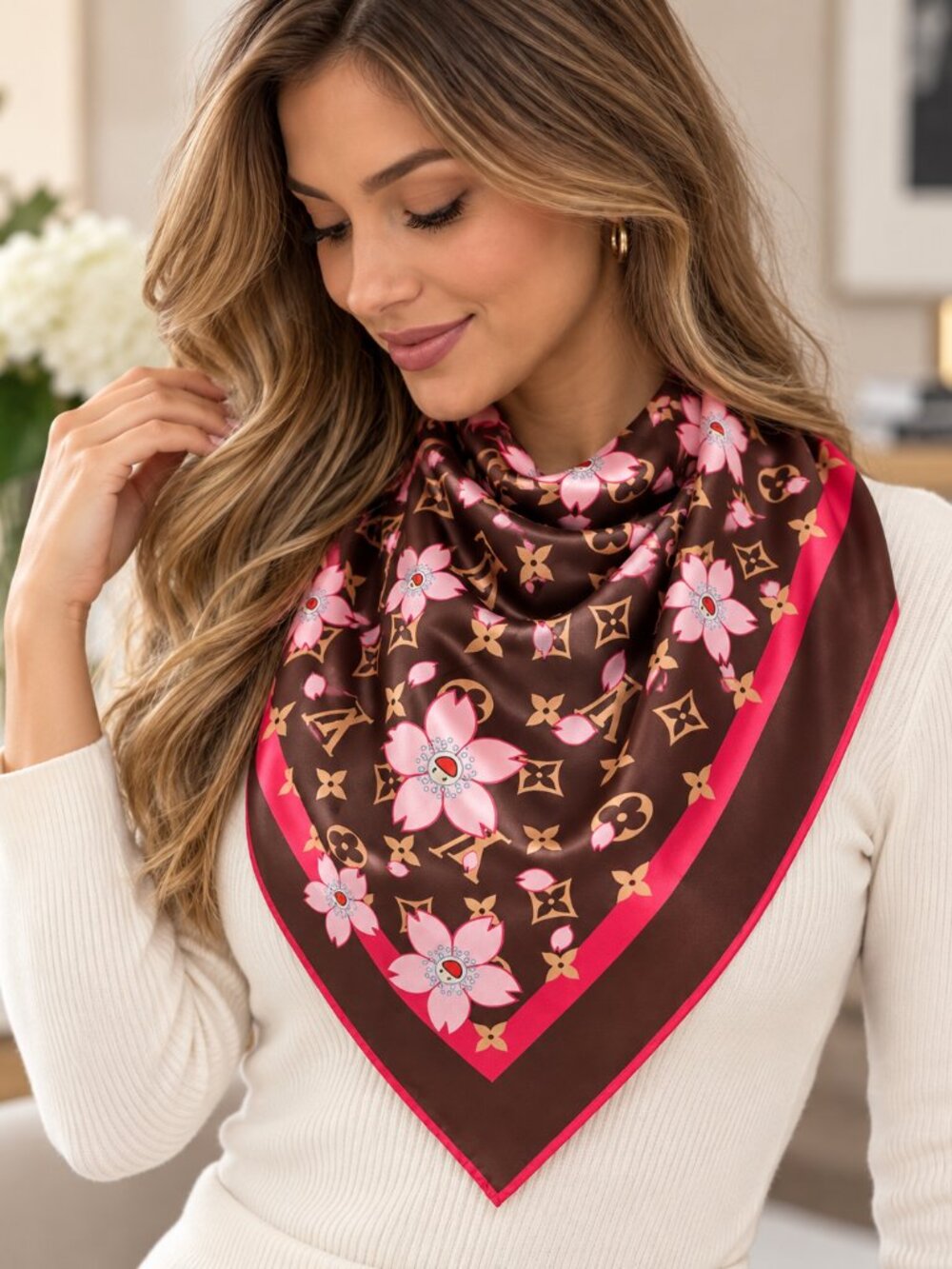 Brown Pink Floral Monogram 100% Silk Scarf 35x35 Large Square